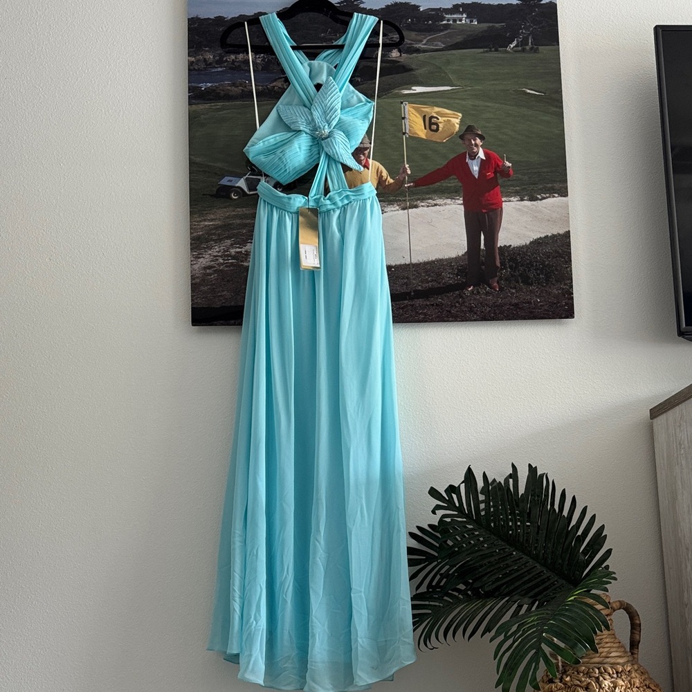 PatBO NWT Flower Appliqué One Shoulder Gown- Island Blue - Picture 6 of 10